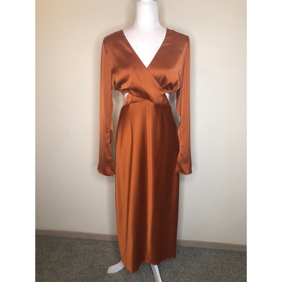 NWT WAYF Rust Cutout Midi Evening Dress Long Sleeve V Neck Bronze Copper Small - Picture 11 of 16